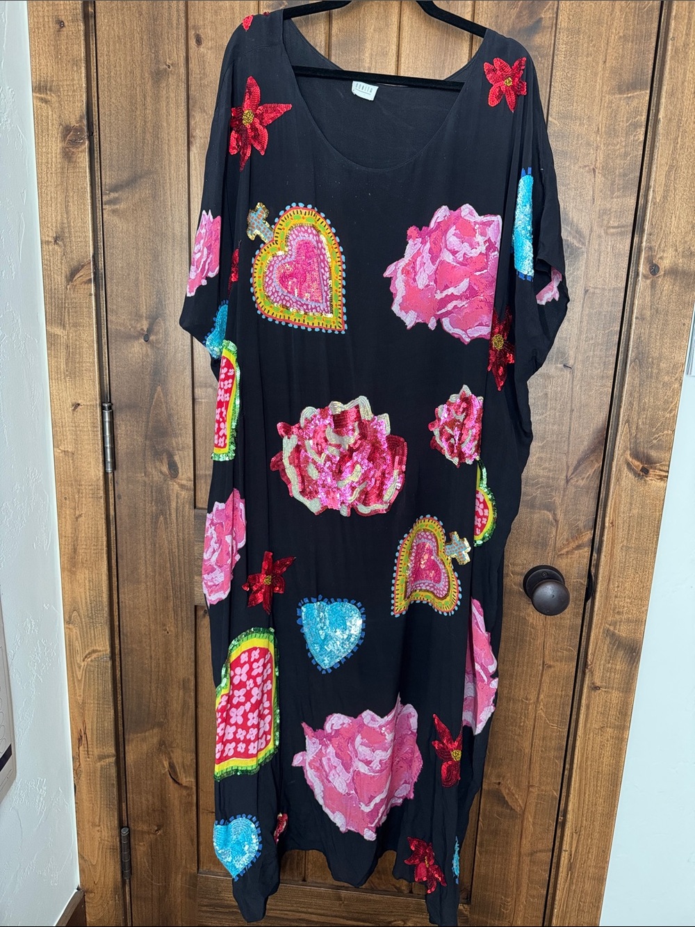 Bonita Black Sequin Heart & Rose Kaftan